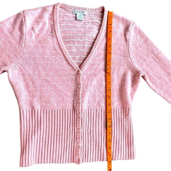 JG Hook Vintage Pink & White Tiny Polka Dot V-Neck Button Front Sweater. Small. - Picture 4 of 6